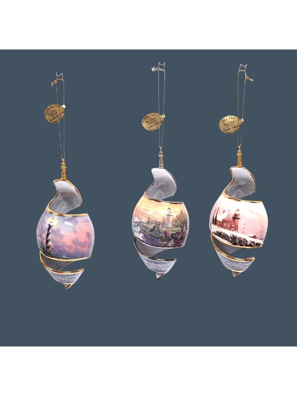 Thomas Kinkade Set of 3 Spiral Ornament Fourth Issue 2003 Shoreline Splendors